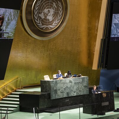 Pascale Baeriswyl, Ambassador and Permanent Representative of Switzerland to the United Nations addresses the UN General Assembly, on Wednesday, June 8, 2022  | © KEYSTONE/Alessandro della Valle