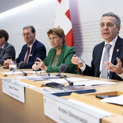 Medienkonferenz Bundesrat Ukraine Gelder  | © Keystone/Peter Klaunzer